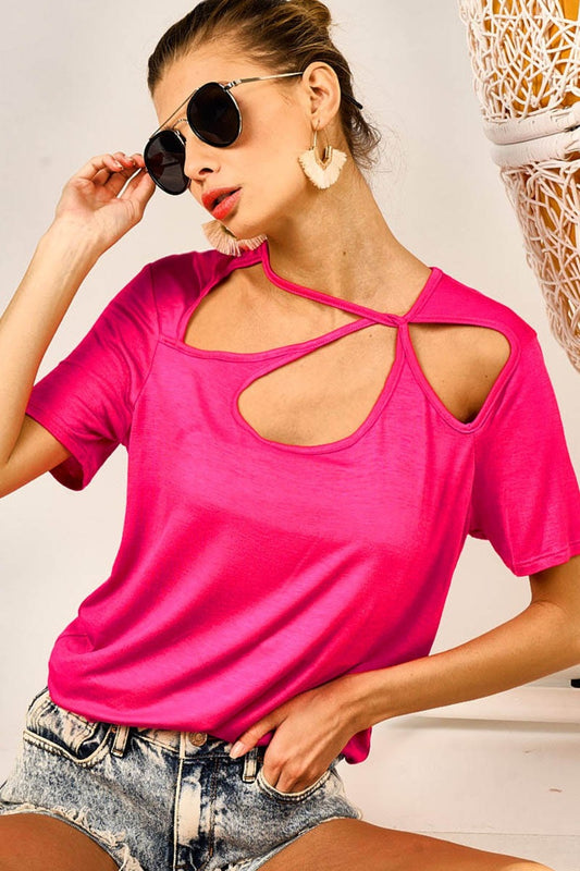 BiBi Cutout Asymmetrical Neck Short Sleeve T-Shirt Front View