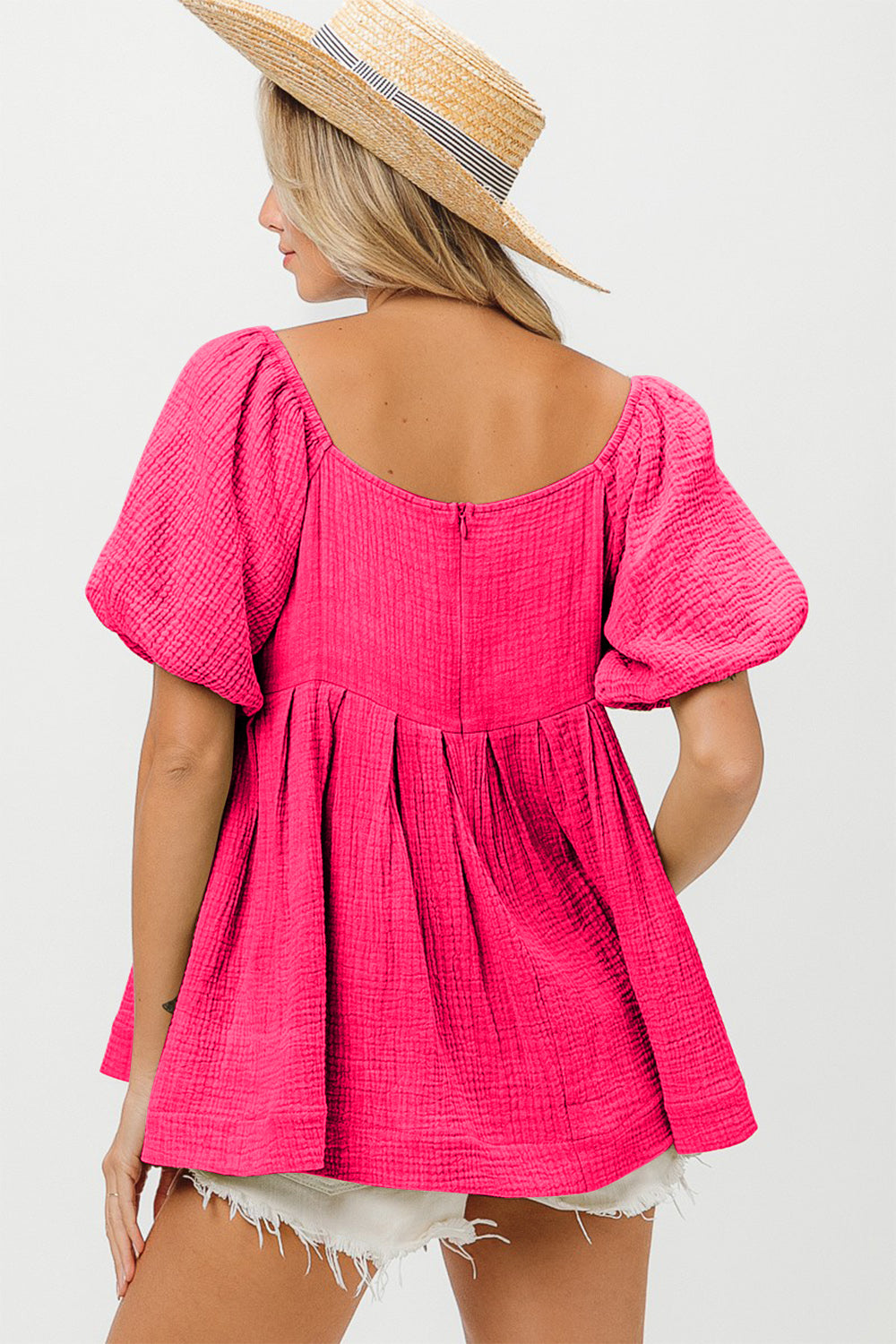 BiBi Pleated Puff Sleeve Washed Blouse Back View