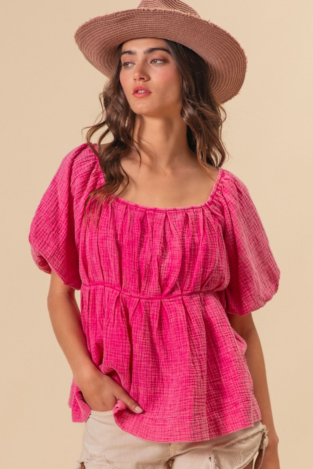 BiBi Pleated Puff Sleeve Washed Blouse Front View
