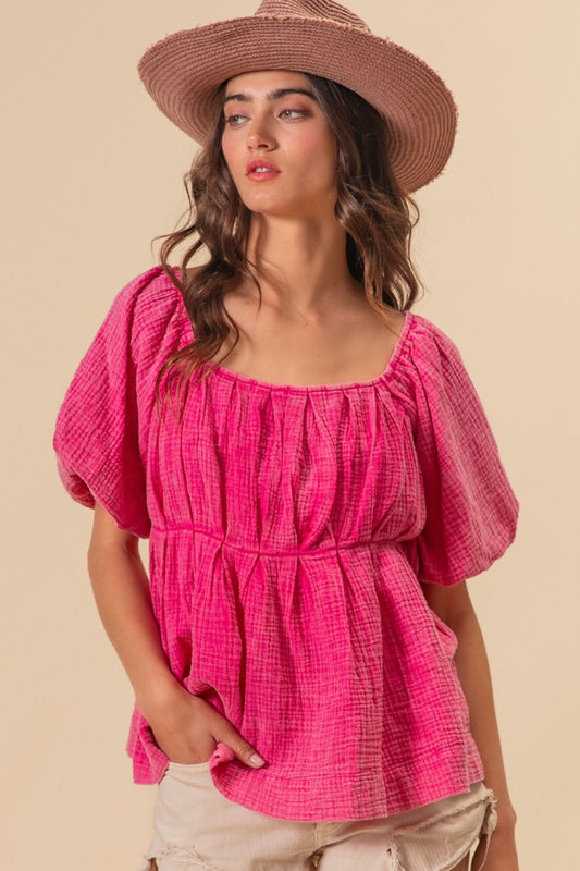 BiBi Pleated Puff Sleeve Washed Blouse Front View