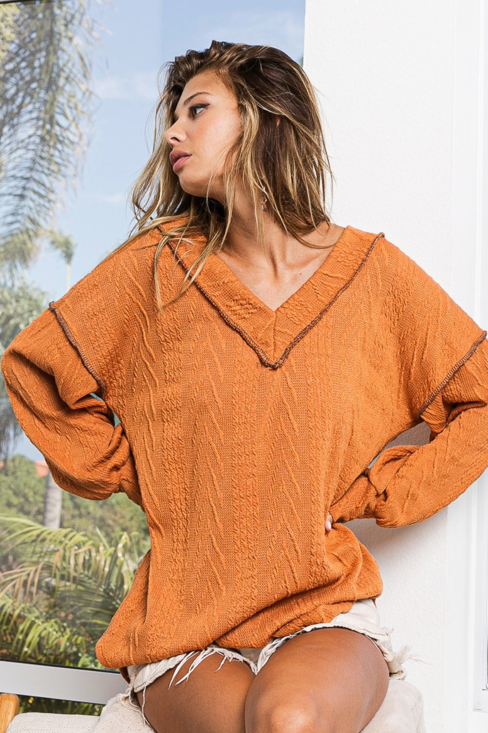BiBi Textured Exposed Seam Drop Shoulder Knit Top Alternate Front View