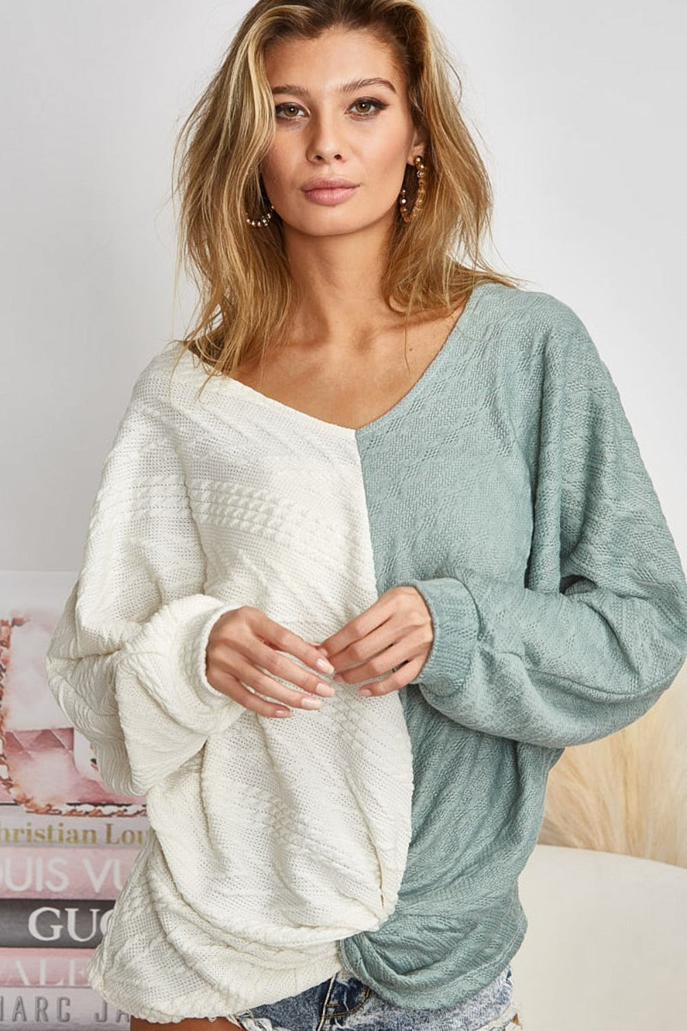 BiBi Twist Front Contrast Cable Knit Top Alternate Front View