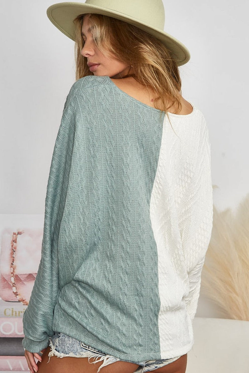 BiBi Twist Front Contrast Cable Knit Top Back View