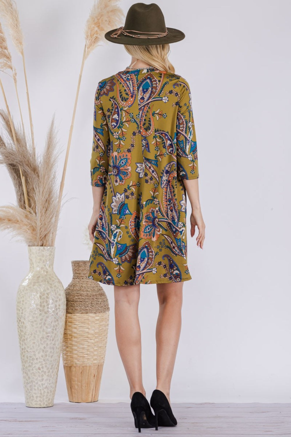 Celeste Full Size Paisley Print Round Neck Dress with Pockets Back View