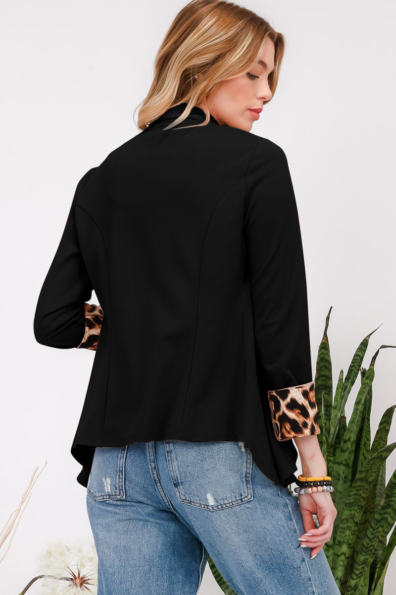 Celeste Full Size Rolled Leopard Cuff Open Front Blazer Back View Black