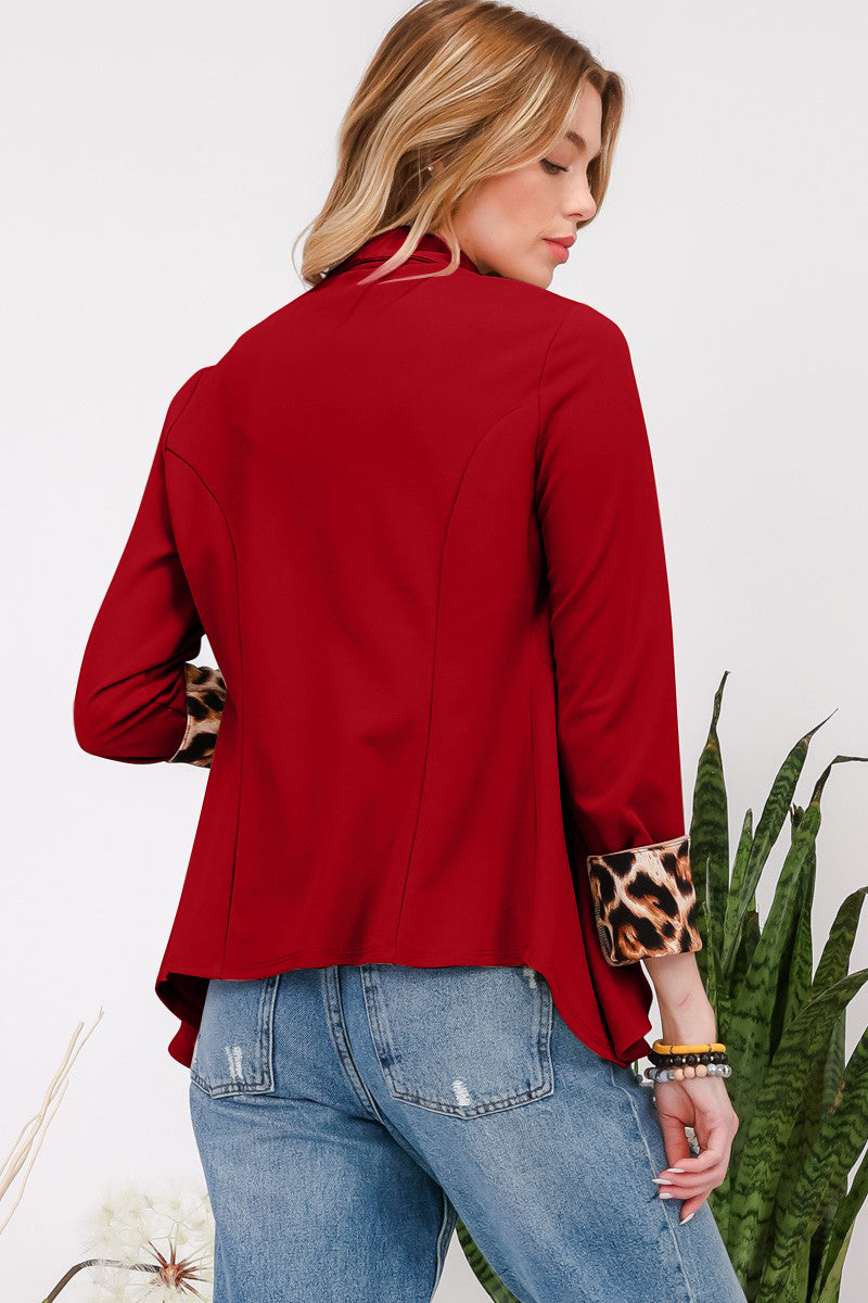 Celeste Full Size Rolled Leopard Cuff Open Front Blazer Back View Burgundy