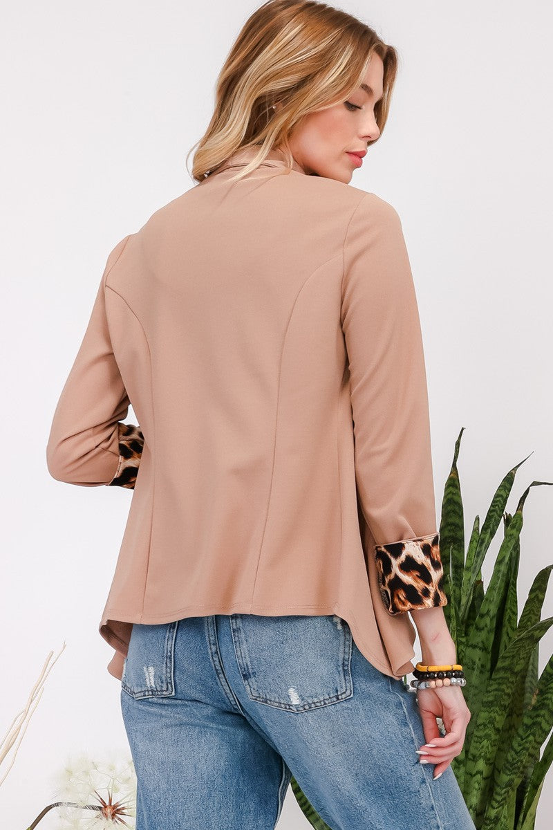 Celeste Full Size Rolled Leopard Cuff Open Front Blazer Back View Mocha