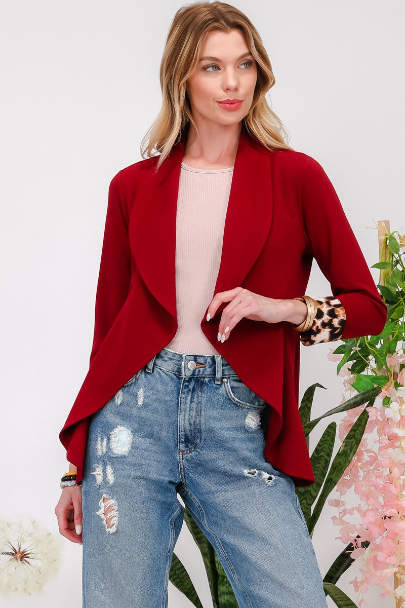 Celeste Full Size Rolled Leopard Cuff Open Front Blazer Front View Burgundy