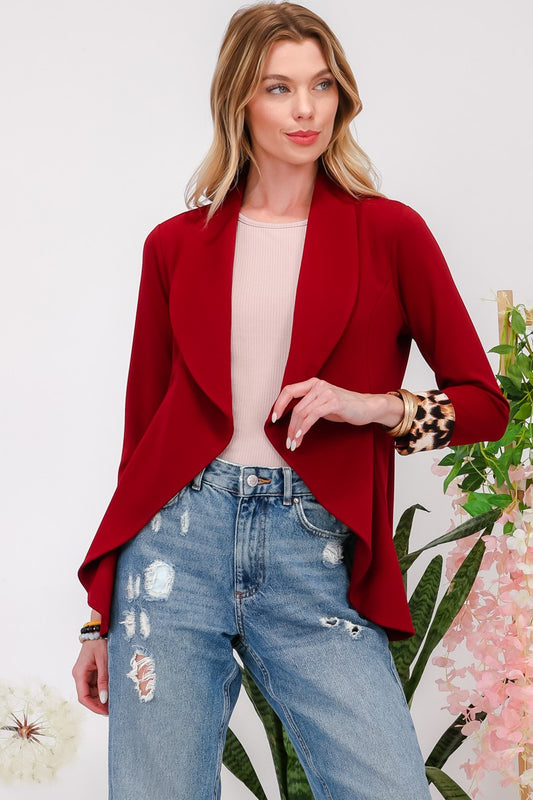 Celeste Full Size Rolled Leopard Cuff Open Front Blazer Front View Burgundy