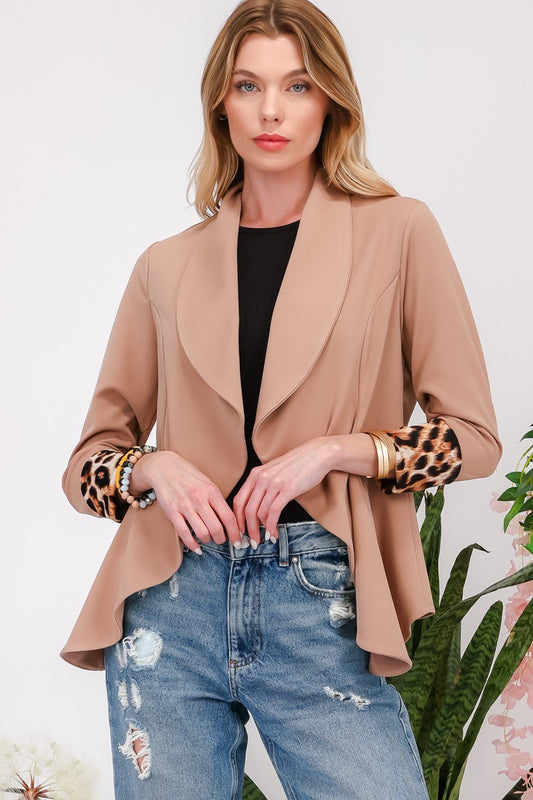 Celeste Full Size Rolled Leopard Cuff Open Front Blazer Front View Mocha