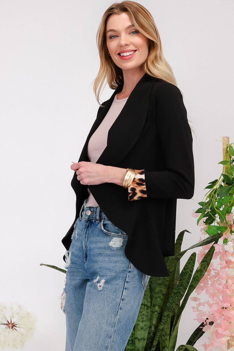 Celeste Full Size Rolled Leopard Cuff Open Front Blazer Side View Black