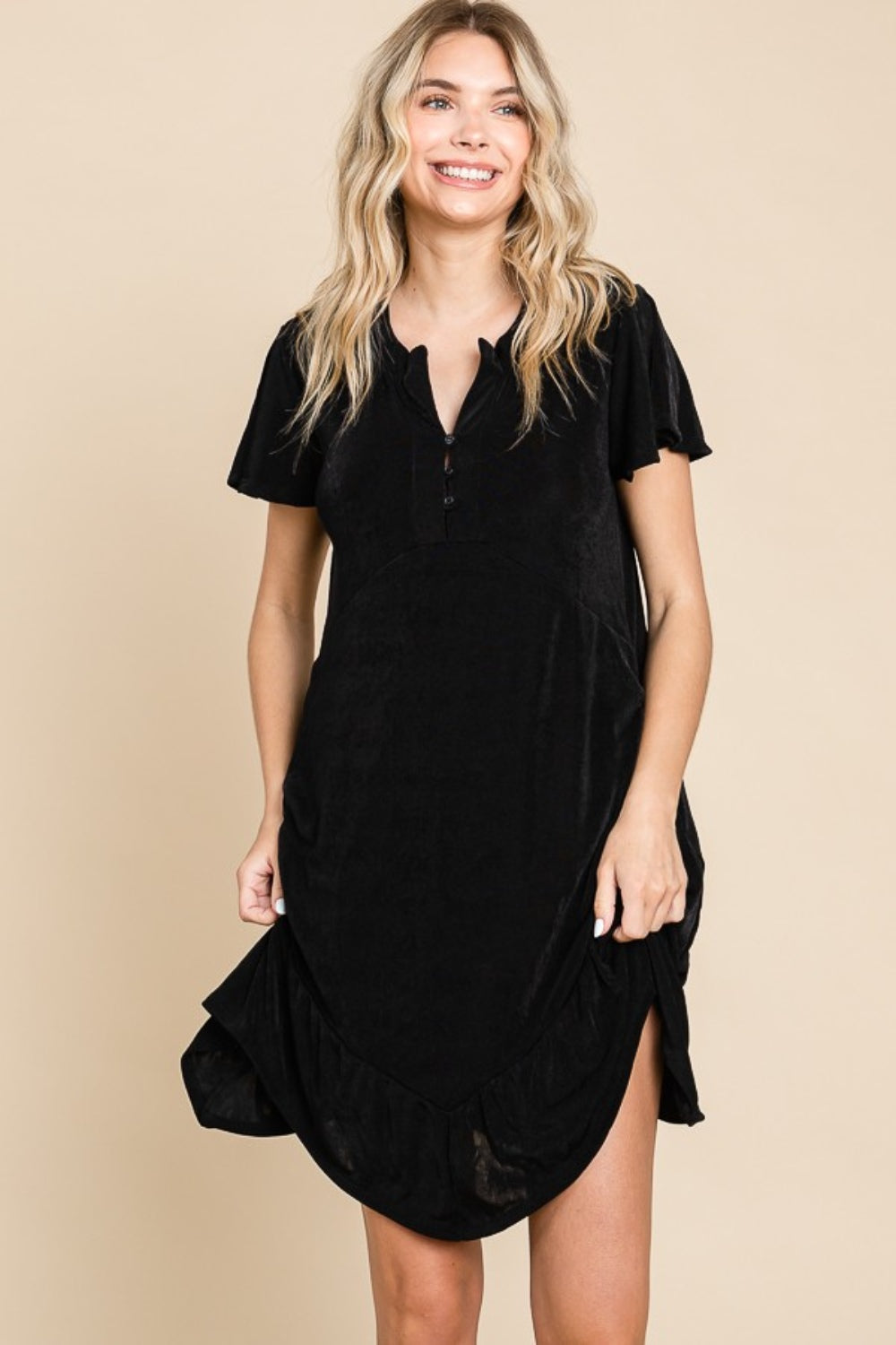 Culture Code Full Size Short Sleeve Ruffled Asymmetric Hem Dress Alternate Front View Black
