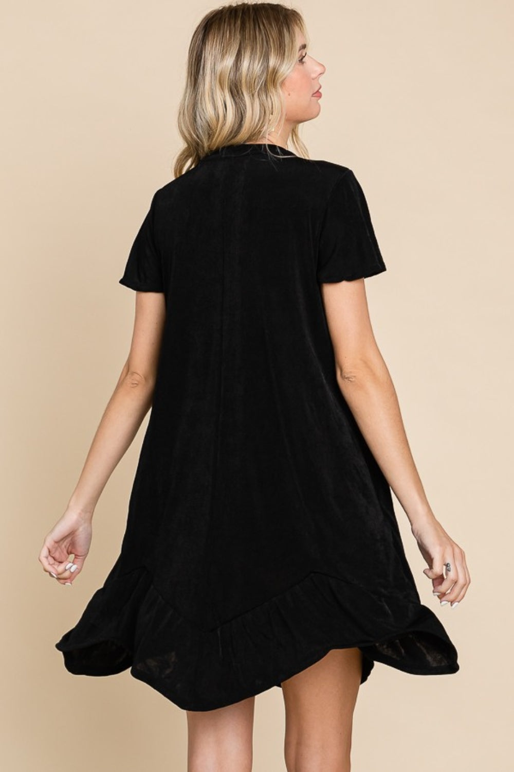 Culture Code Full Size Short Sleeve Ruffled Asymmetric Hem Dress Back View Black