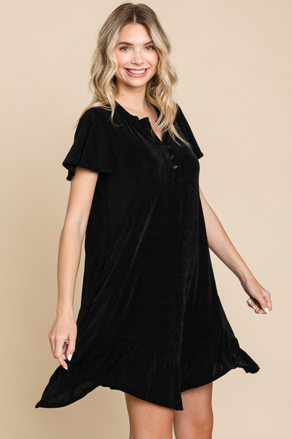 Culture Code Full Size Short Sleeve Ruffled Asymmetric Hem Dress Side View Black