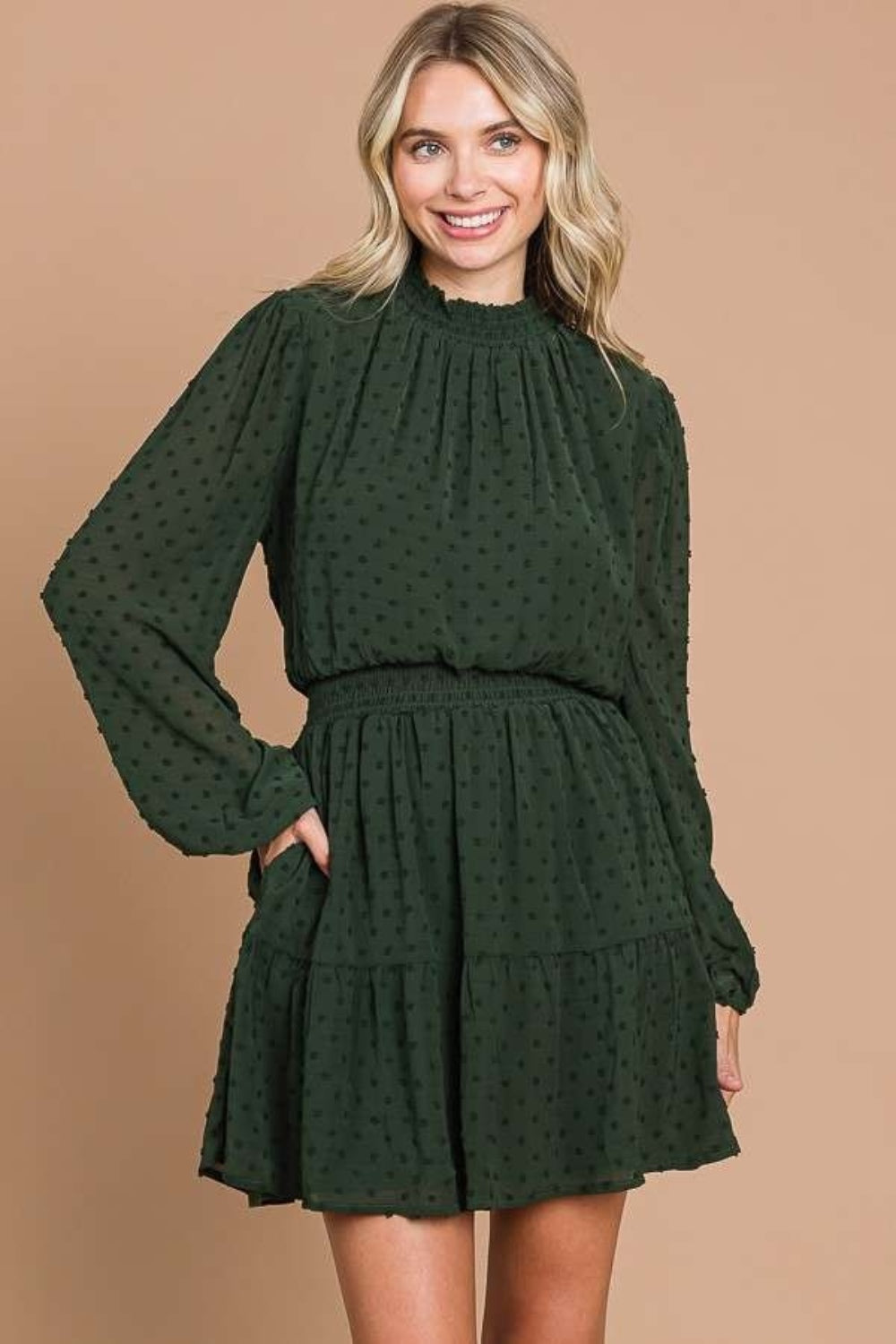 Culture Code Swiss Dot Smock Neck Mini Dress with Pockets Alternate Front View D.Olive