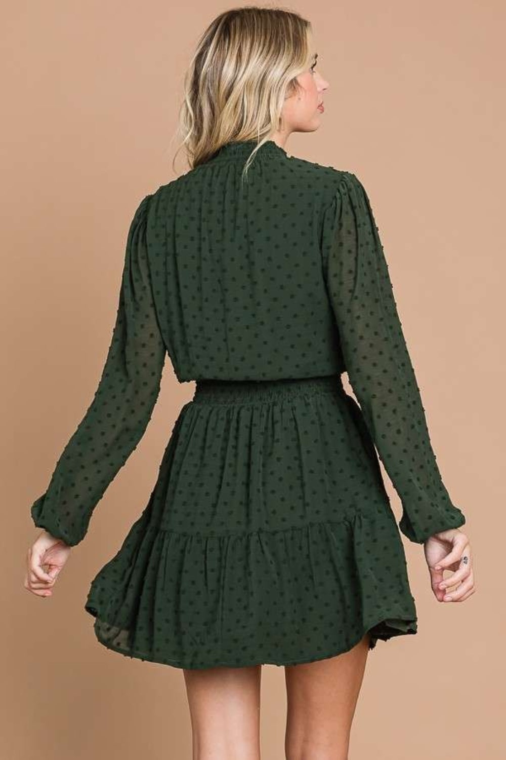 Culture Code Swiss Dot Smock Neck Mini Dress with Pockets Back View D.Olive