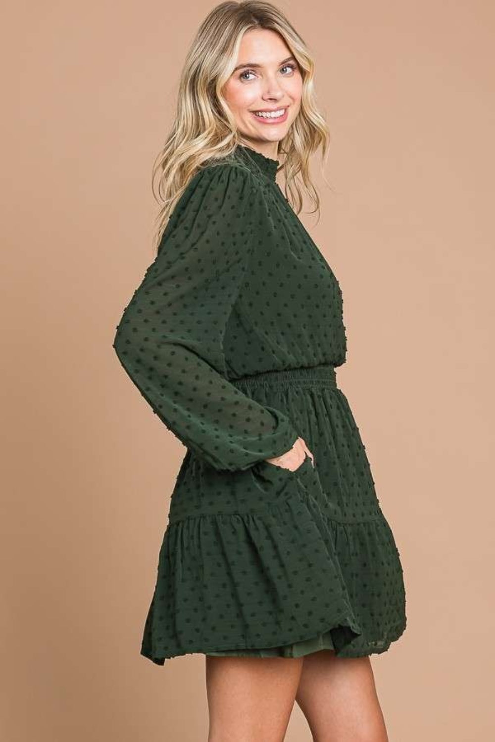 Culture Code Swiss Dot Smock Neck Mini Dress with Pockets Side View D.Olive