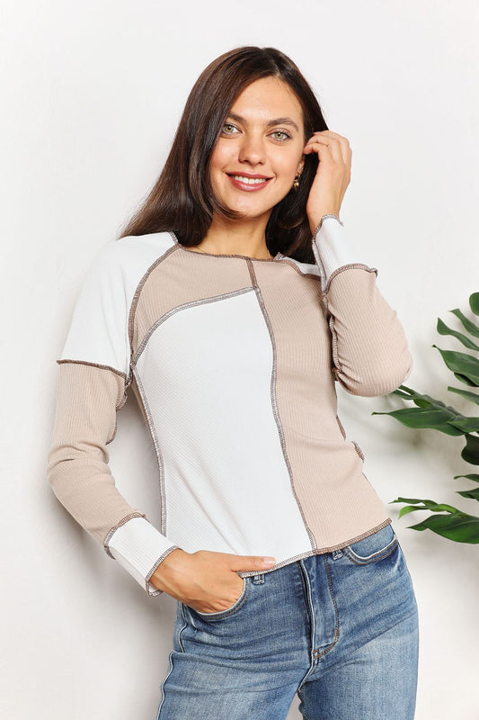 Double Take Color Block Exposed Seam Top Front View