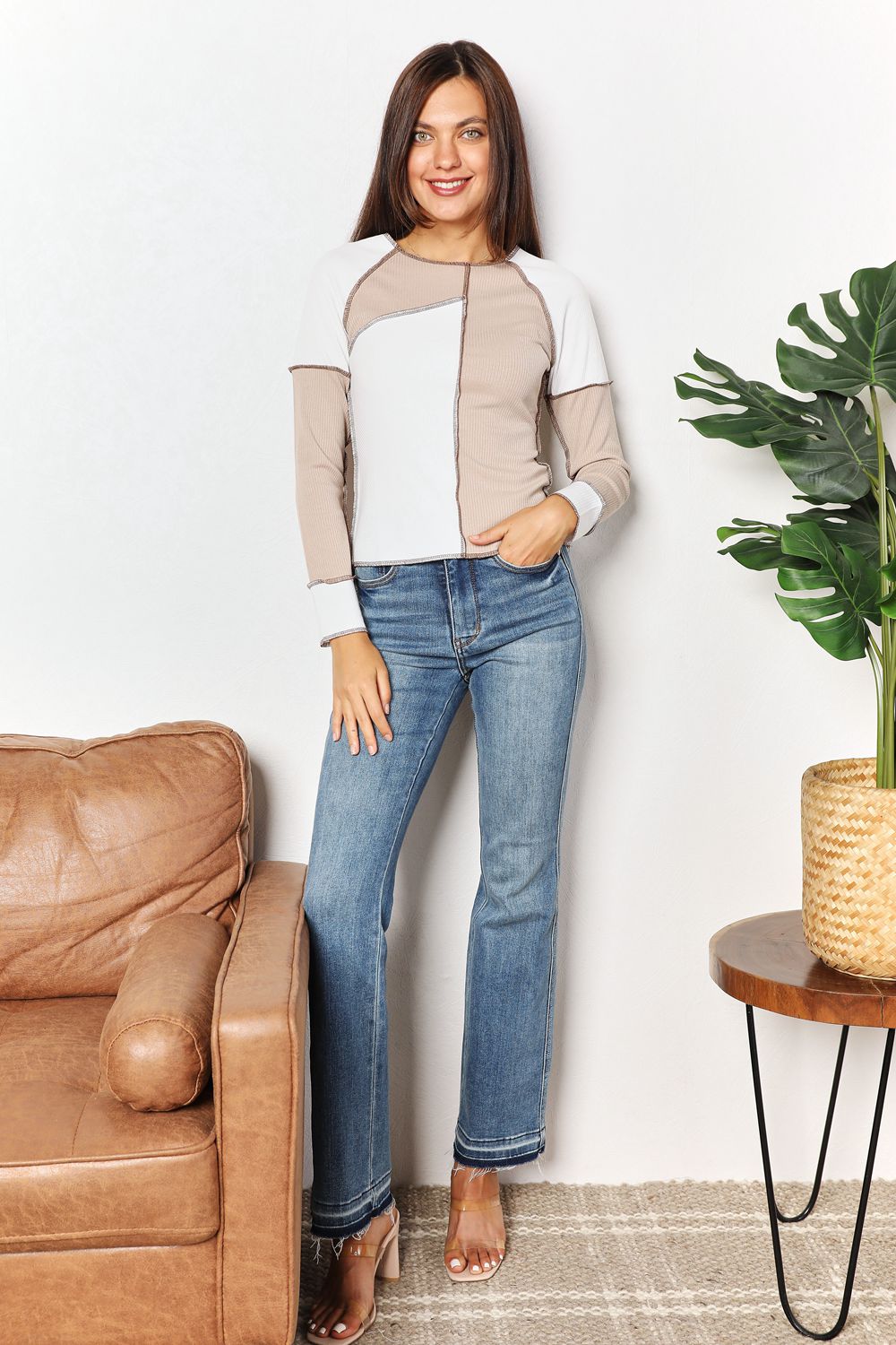 Double Take Color Block Exposed Seam Top Full Frontal View