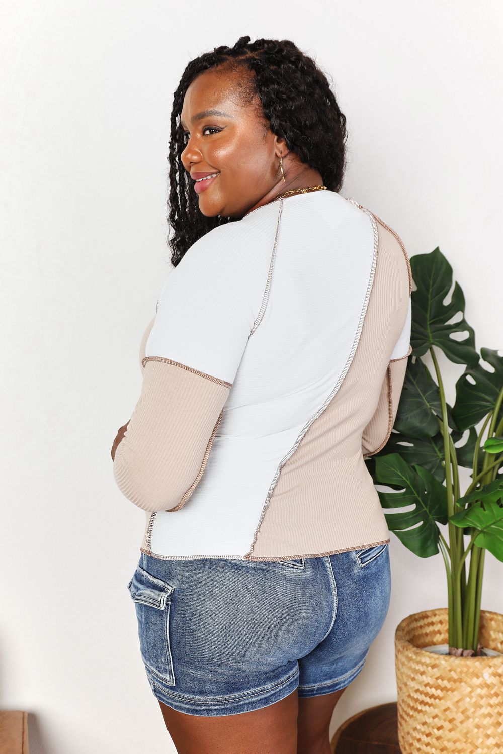 Double Take Color Block Exposed Seam Top Plus Size Back View