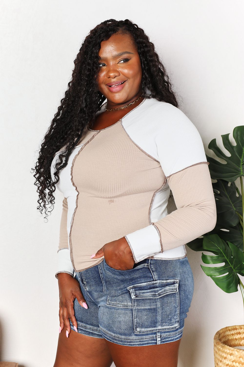 Double Take Color Block Exposed Seam Top Plus Size Front View