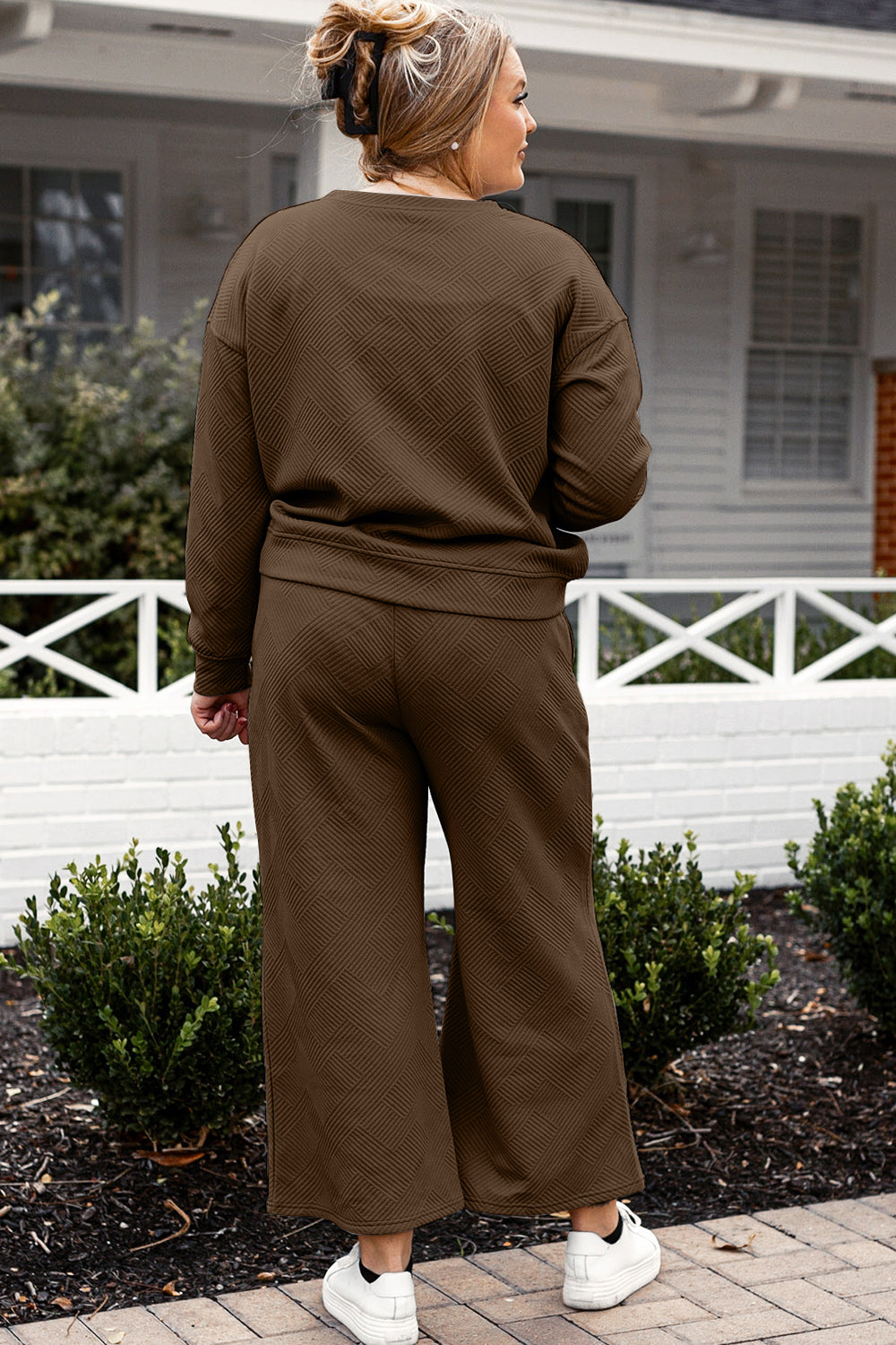 Double Take Full Size Textured Long Sleeve Top and Drawstring Pants Set Full Back View Brown