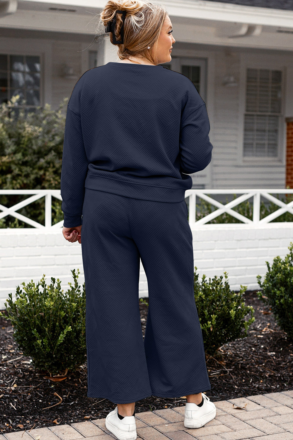 Double Take Full Size Textured Long Sleeve Top and Drawstring Pants Set Full Black View Dark Blue