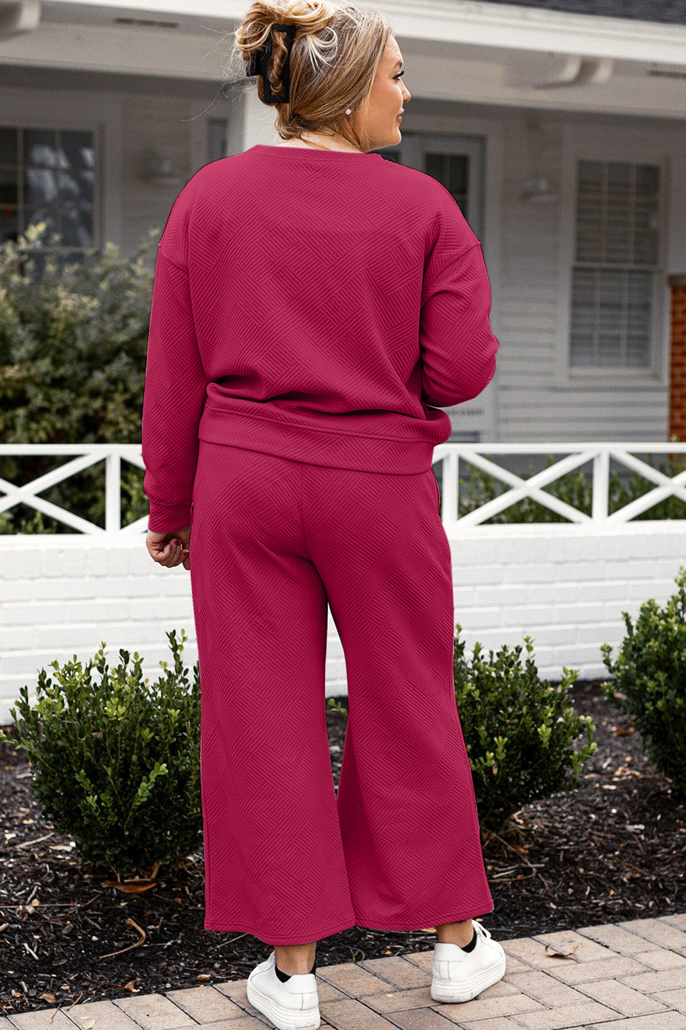 Double Take Full Size Textured Long Sleeve Top and Drawstring Pants Set Full Back View Hot Pink