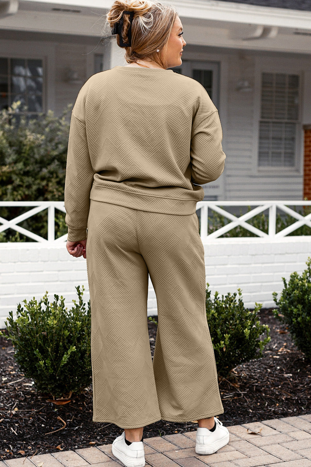 Double Take Full Size Textured Long Sleeve Top and Drawstring Pants Set Full Back View Khaki