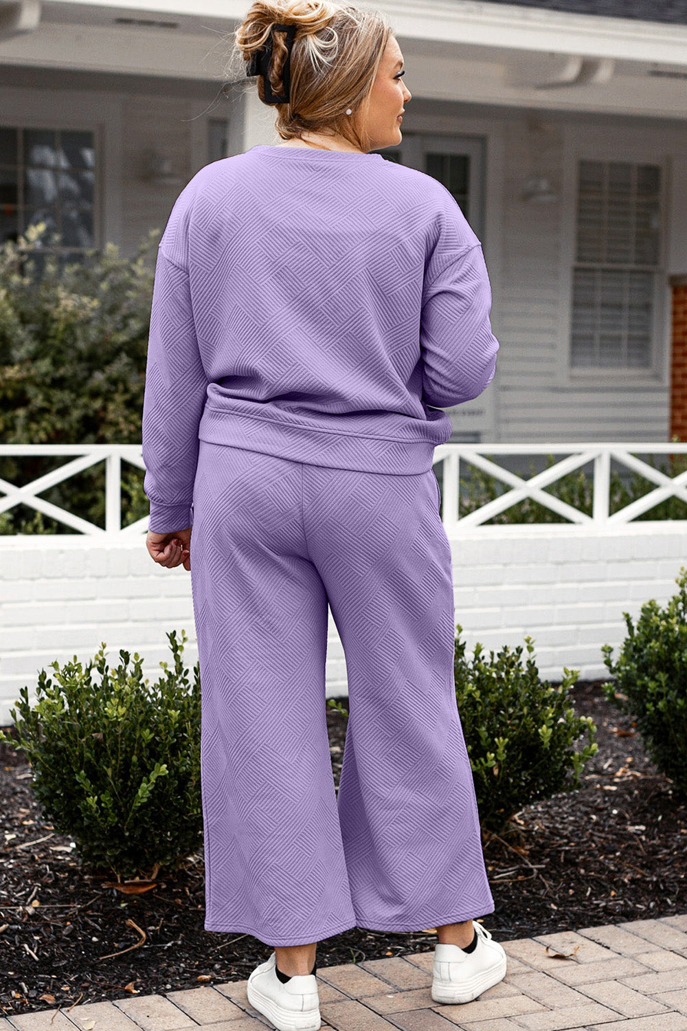 Double Take Full Size Textured Long Sleeve Top and Drawstring Pants Set Full Back View Lavender