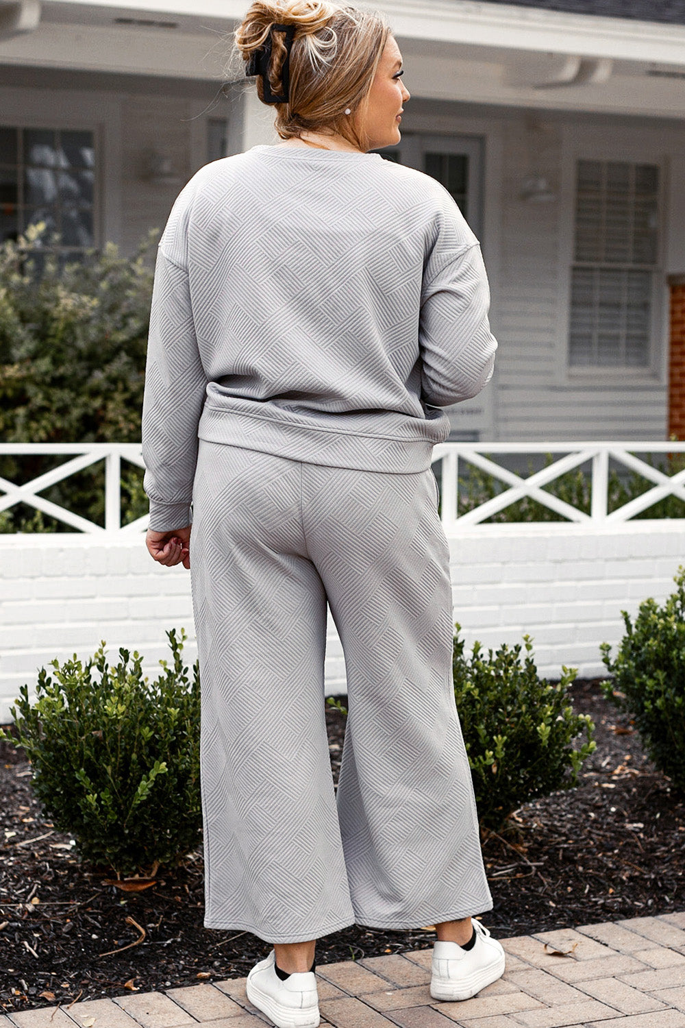 Double Take Full Size Textured Long Sleeve Top and Drawstring Pants Set Full Back View Light Gray