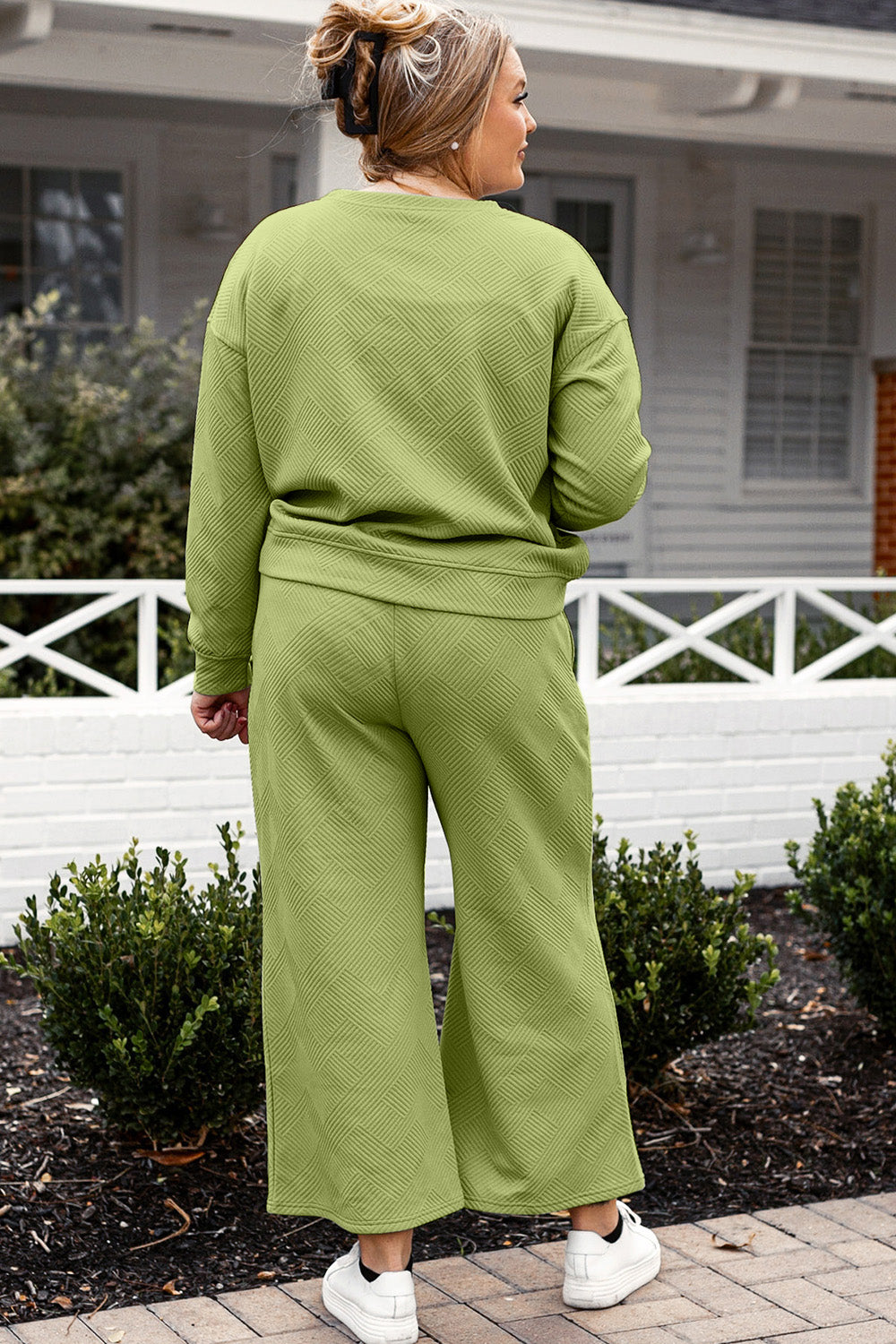 Double Take Full Size Textured Long Sleeve Top and Drawstring Pants Set Full Back View Yellow-Green