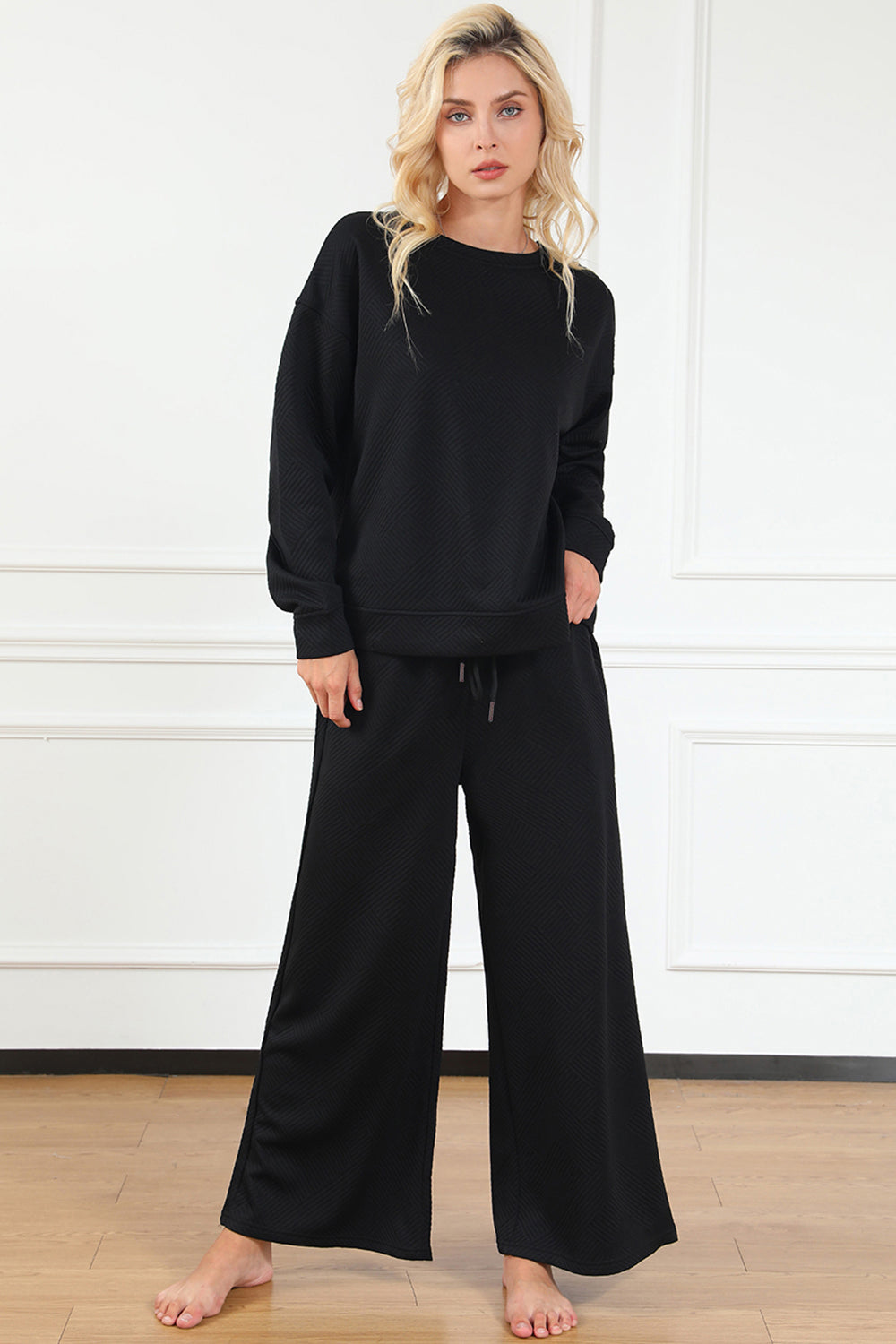 Double Take Full Size Textured Long Sleeve Top and Drawstring Pants Set Full Frontal View Black