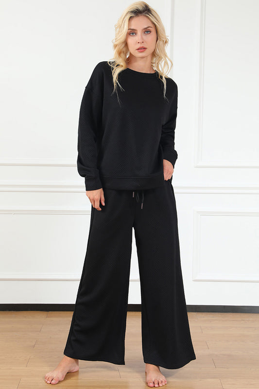 Double Take Full Size Textured Long Sleeve Top and Drawstring Pants Set Full Frontal View Black