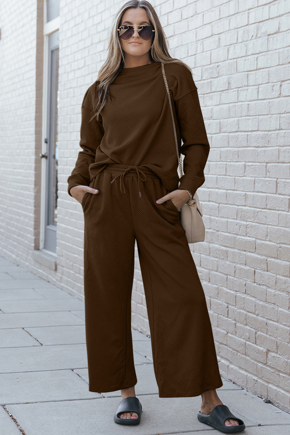 Double Take Full Size Textured Long Sleeve Top and Drawstring Pants Set Full Frontal View Brown