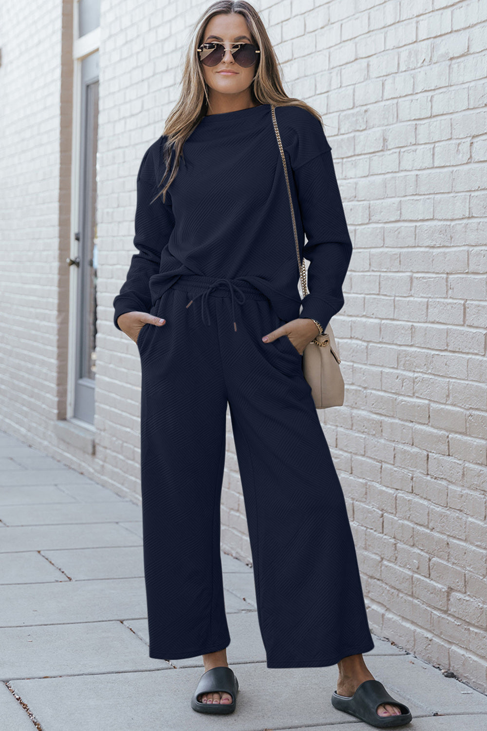 Double Take Full Size Textured Long Sleeve Top and Drawstring Pants Set Full Frontal View Dark Blue