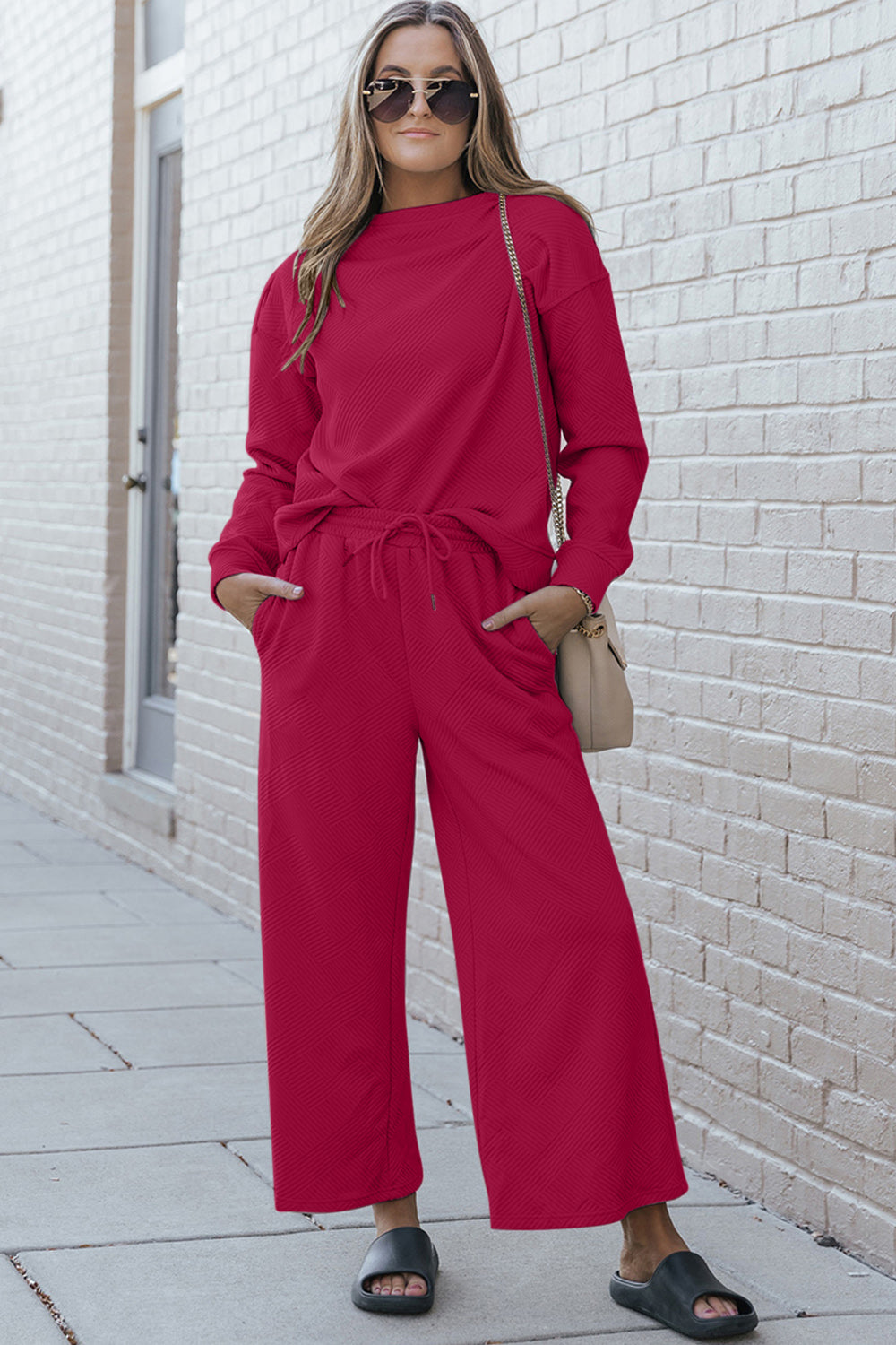 Double Take Full Size Textured Long Sleeve Top and Drawstring Pants Set ull Frontal View Hot Pink