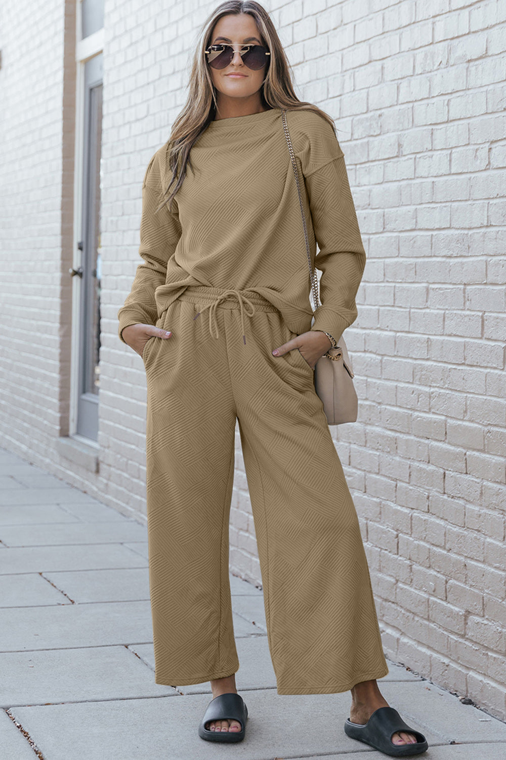 Double Take Full Size Textured Long Sleeve Top and Drawstring Pants Set Full Frontal View Khaki