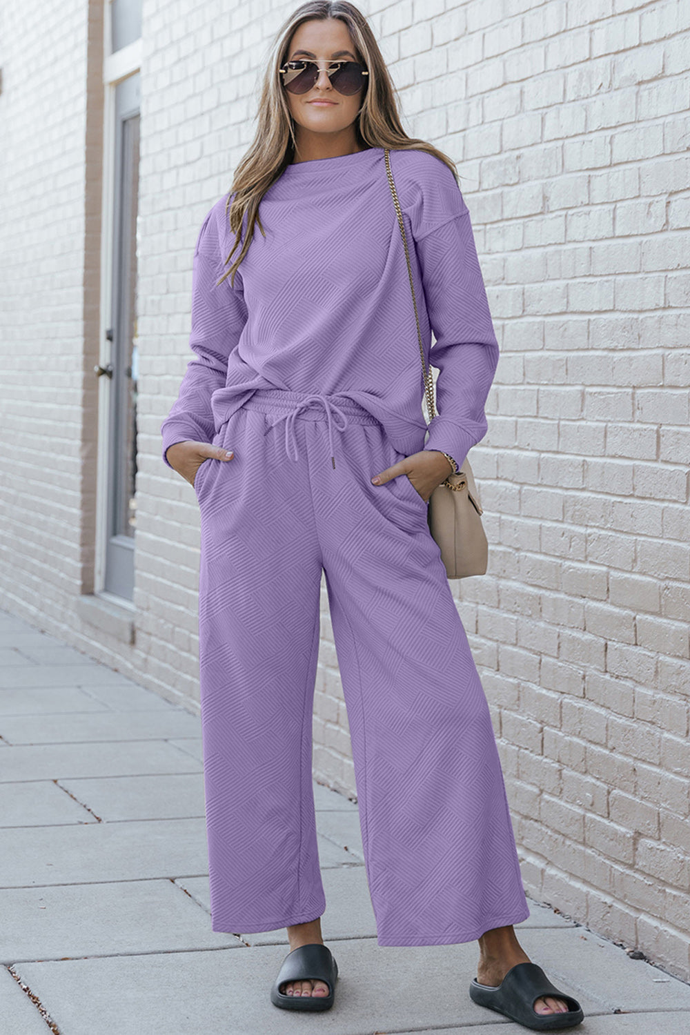 Double Take Full Size Textured Long Sleeve Top and Drawstring Pants Set Full Frontal View Lavender