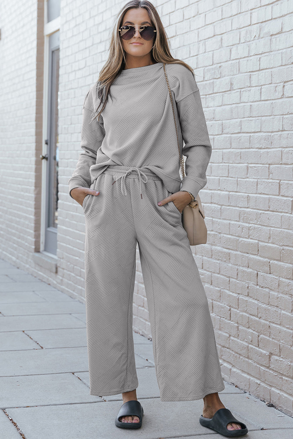 Double Take Full Size Textured Long Sleeve Top and Drawstring Pants Set Full Frontal View Light Gray
