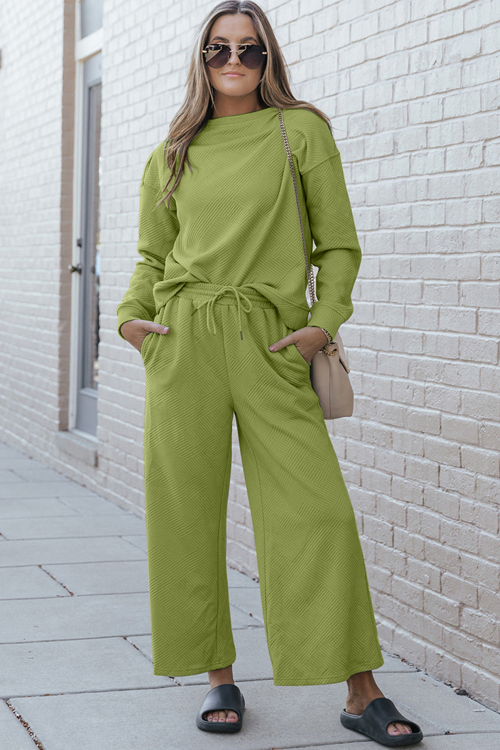 Double Take Full Size Textured Long Sleeve Top and Drawstring Pants Set Full Frontal View Yellow-Green