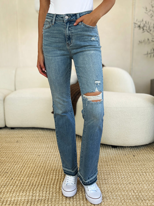 Judy Blue Full Size Mid Rise Destroyed Hem Distressed Jeans Front View