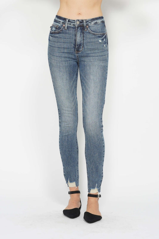 Judy Blue Full Size Tummy Control Vintage Wash Hem Destroy Skinny Jeans Front View