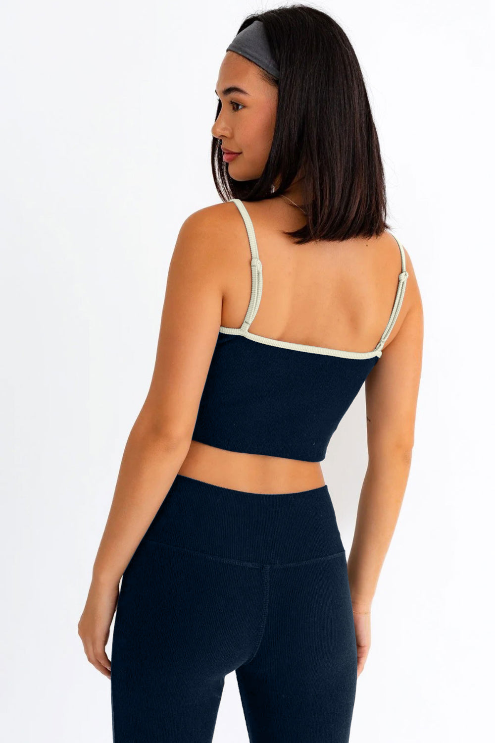 Le Lis Ribbed Crop Cami and High Waist Brushed Leggings Set Back View Navy Cream