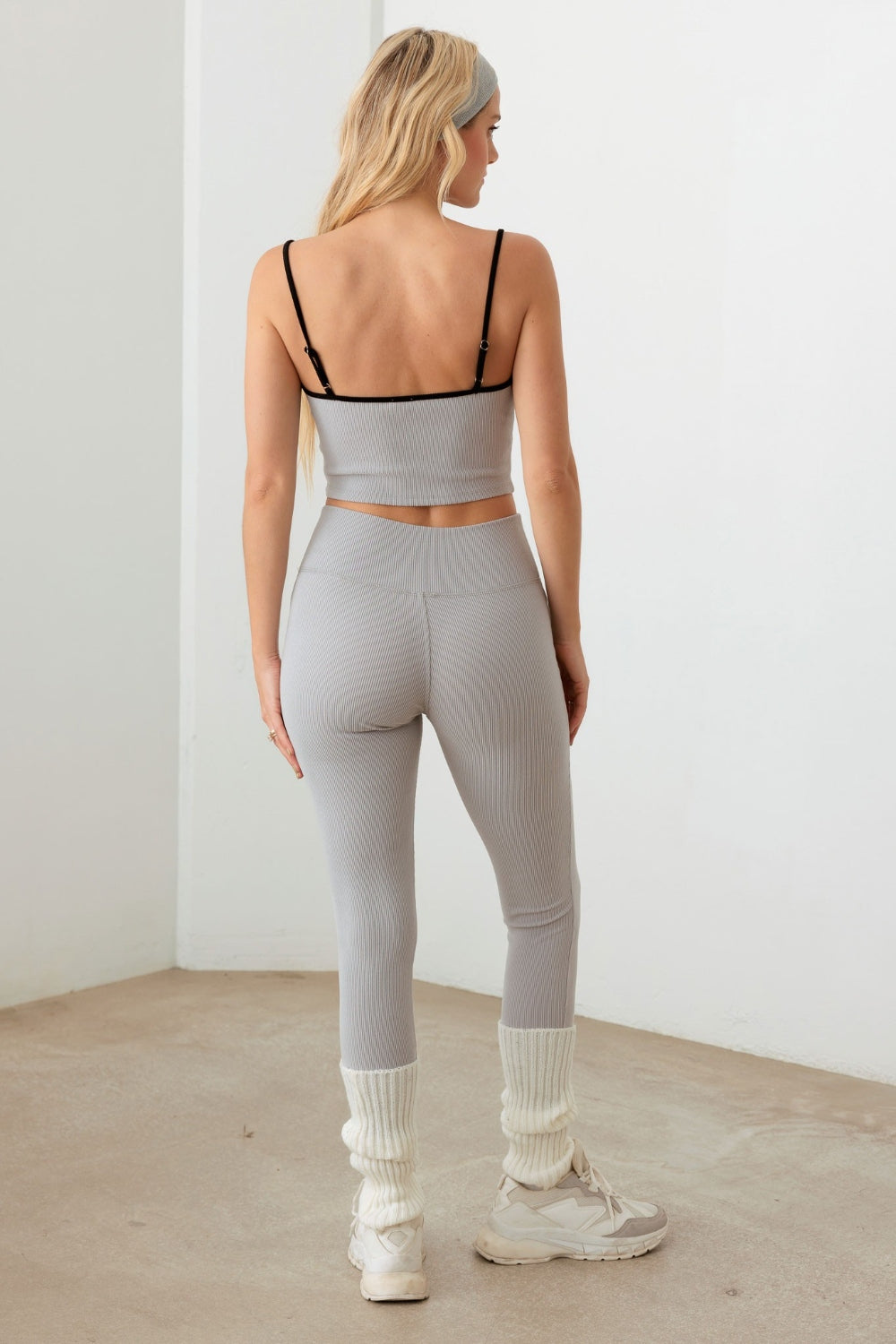 Le Lis Ribbed Crop Cami and High Waist Brushed Leggings Set Full Back View Grey Black