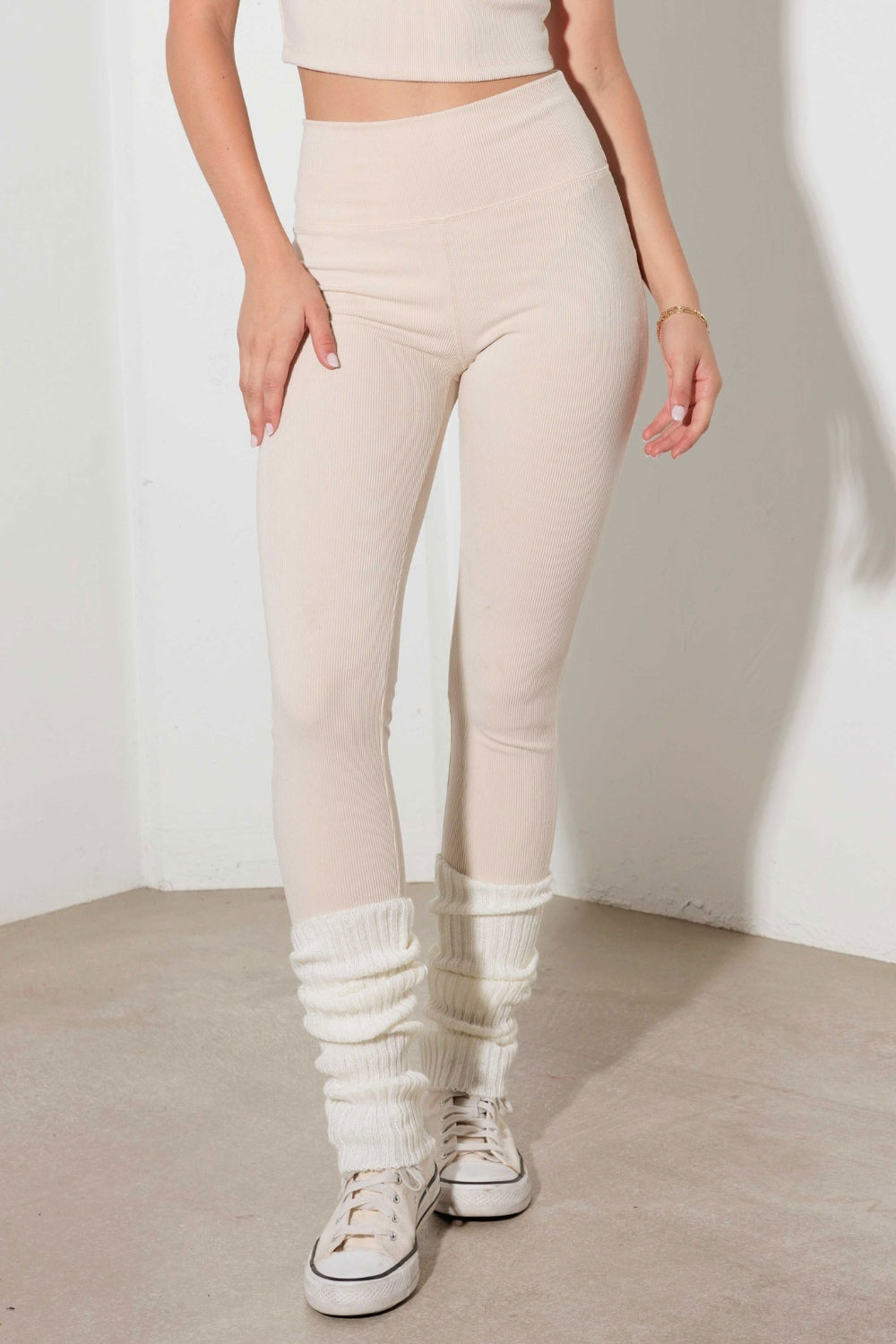 Le Lis Ribbed Crop Cami and High Waist Brushed Leggings Set Leggings View Cream Tan