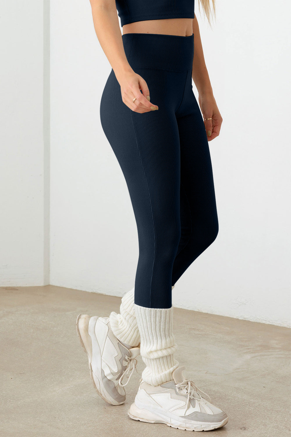Le Lis Ribbed Crop Cami and High Waist Brushed Leggings Set Leggings View Navy Cream
