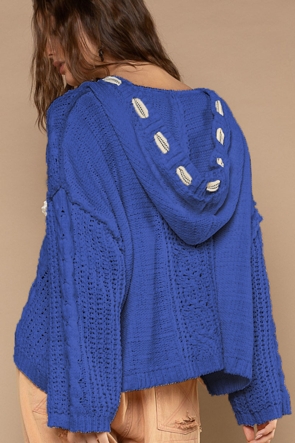 POL Cable Knit Hooded Chenille Sweater Back View Ultramarine