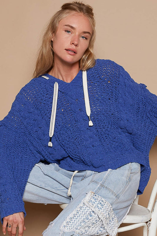 POL Cable Knit Hooded Chenille Sweater Front View Ultramarine
