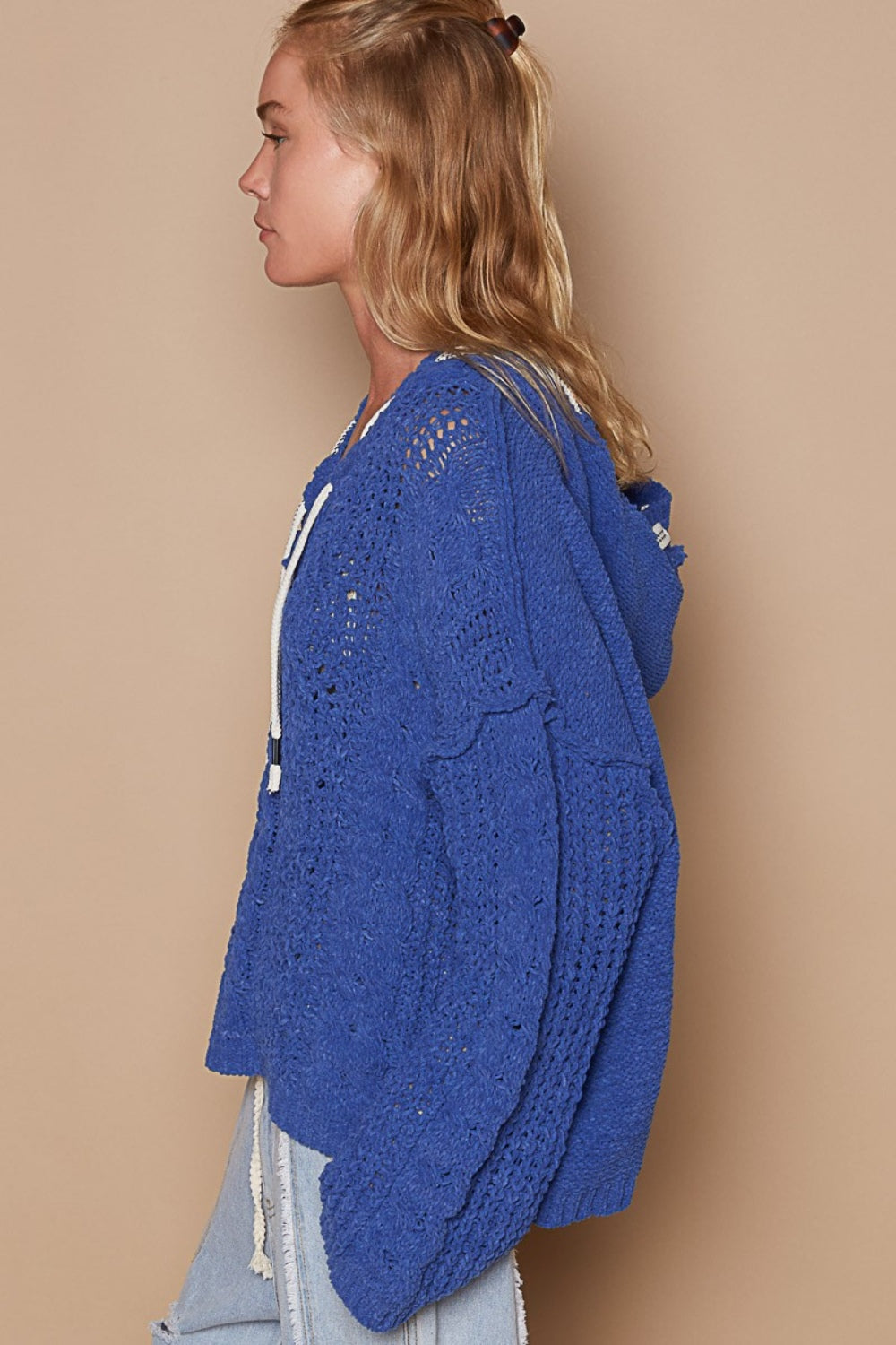 POL Cable Knit Hooded Chenille Sweater Side View Ultramarine
